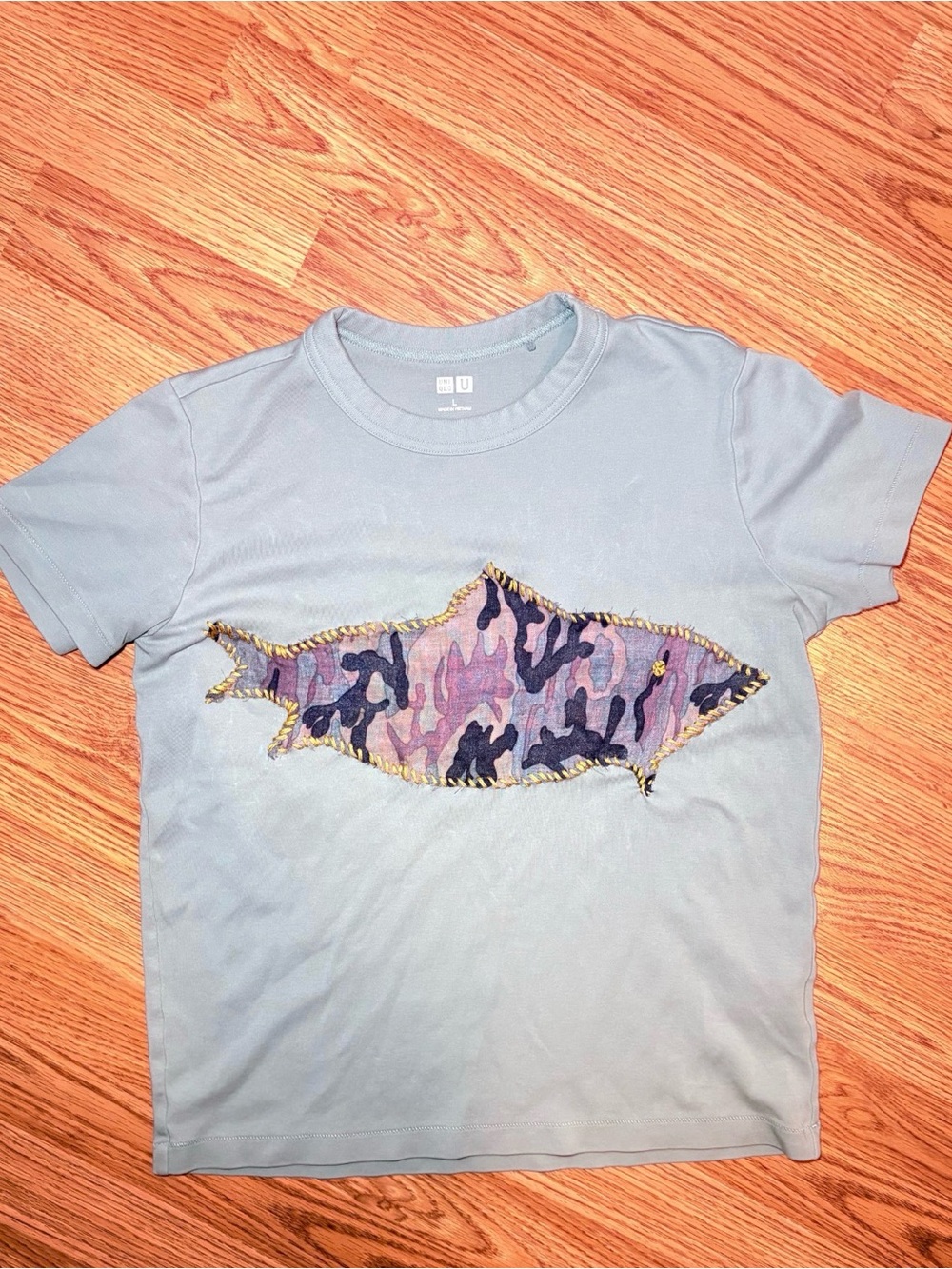 Whimsical Turquoise Shirt With Camo Embroidered Fish Patch